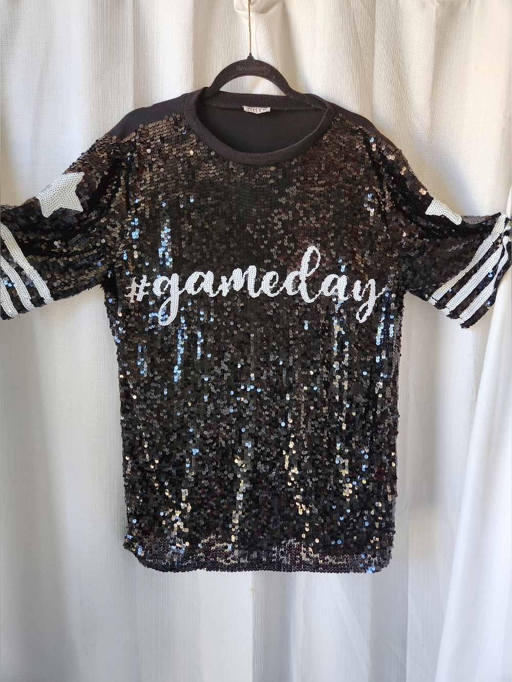 Why Dress Sequin Oversized Gameday Tee Dress with White Script One Size Football